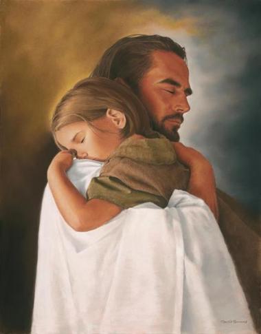 Jesus holding a child in a hug